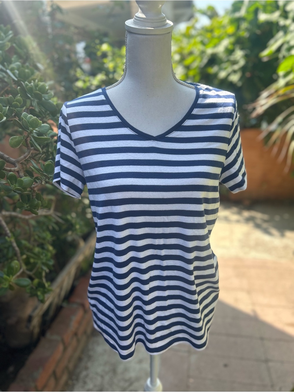 croft & barrow Navy and White Striped V-Neck Tee